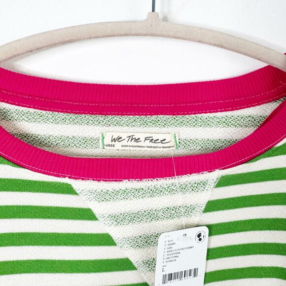 Free People Classic Oversized Striped Crewneck Sweatshirt Pink Clover Combo New - Picture 4 of 13